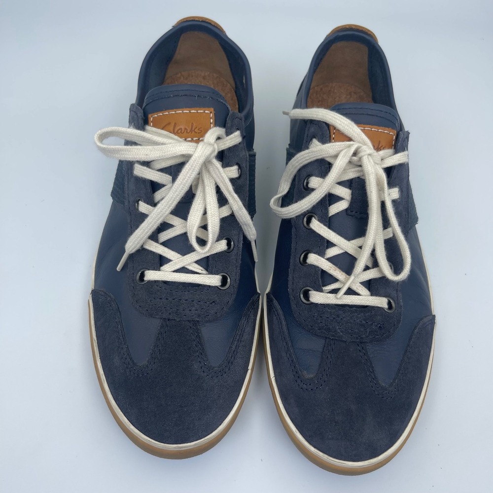 Clarks Mens 9 Navy Blue Leather Suede Low Top Sneakers Casual Lace Up Shoes